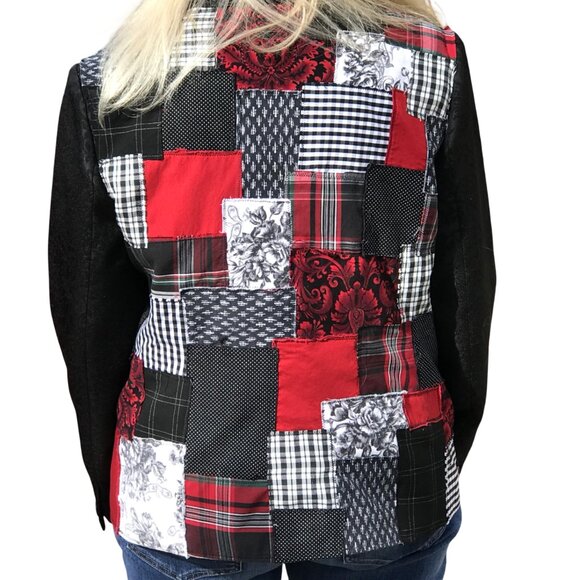 Upcycled Patchwork Jacket, Handcrafted Boho Red Black White Blazer, Size 14P - Picture 1 of 10